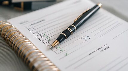 A close-up of a black pen resting on a lined notebook with check marks.