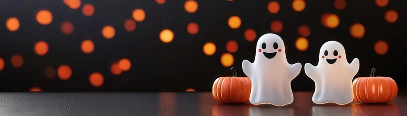 Two cute ghost decorations stand on a table with small pumpkins, set against a backdrop of orange and black bokeh lights, perfect for Halloween.