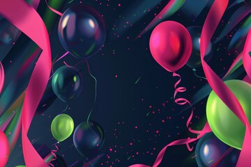 Dynamic Abstract Birthday Background with Neon Ribbons and Floating Metallic Balloons for Festive Design