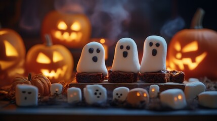 Wall Mural - Glowing Jack-o'-Lanterns and Marshmallow Ghosts, a Spooky and Delicious Halloween Treat Display