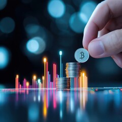 A close-up view of a hand holding a Bitcoin coin against a backdrop of colorful financial graphs, symbolizing growth and investment in cryptocurrency markets.