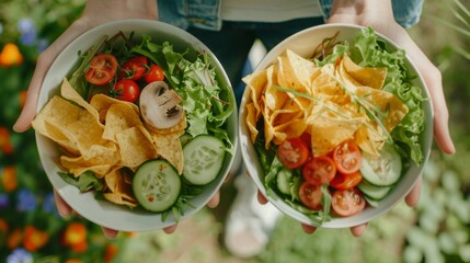 One hand holding bowl of vegetable salad, other holding chips. Healthy natural organic fresh vegetarian food vs unhealthy processed fast junk food