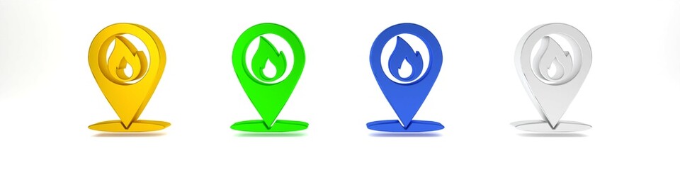 Poster - colorful map pointer with fire flame icon isolated on white background. fire nearby. minimalism conc