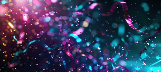 Futuristic Abstract Birthday Background with Neon Confetti and Holographic Ribbons in Space