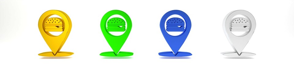 Poster - colorful map pointer with fast food burger icon isolated on white background. minimalism concept. 3d