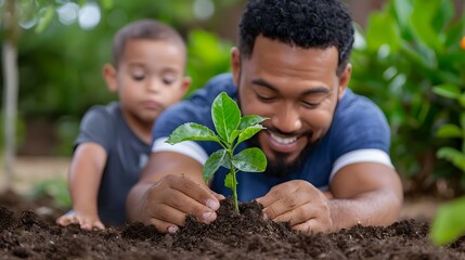 A family working together to plant young trees in their backyard practicing eco friendly and sustainable living by contributing to environmental conservation and nature preservation