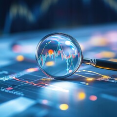 A close-up view of a magnifying glass over data charts showcasing financial metrics and trends, representing analysis and technology in business intelligence.