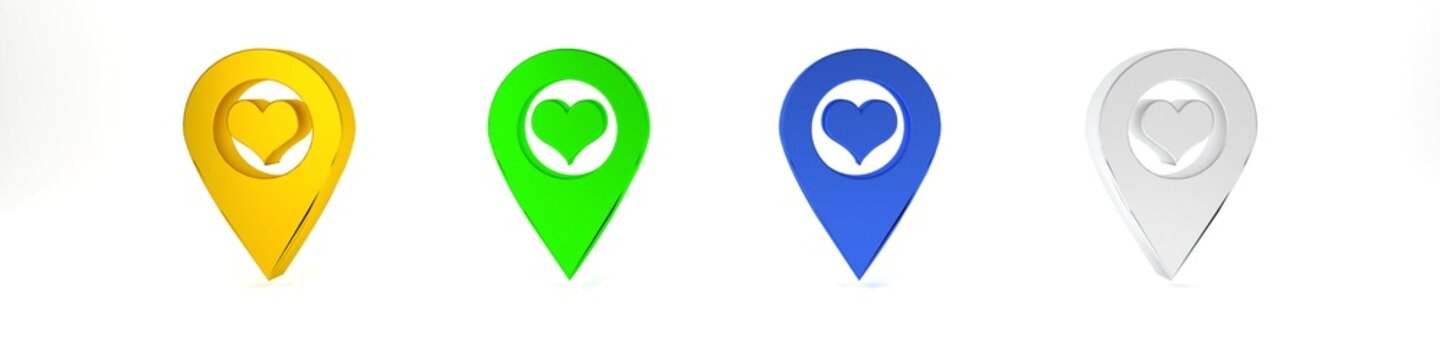 Colorful Map pointer with heart icon isolated on white background. Minimalism concept. 3D render illustration