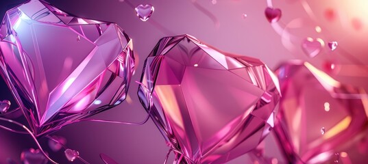 Futuristic Valentine's Day Abstract Background with Glowing Hearts and Metallic Pink and Purple Tones