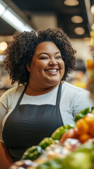 A woman smiling in a grocery store, surrounded by shelves filled with colorful fruits and vegetables.