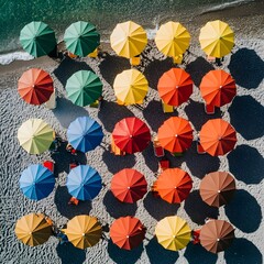 Wall Mural - Aerial View of Colorful Umbrellas Dotting Pristine Beach for Summer Vacation Concept