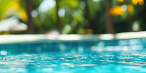 Vibrant summer pool scene with clear water and tropical background