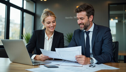 Wall Mural - Professionals team talking planning project at work. Attorney or bank manager consulting client investor in office. Two happy executives working on laptop discussing financial documents at meeting.