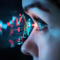 Close-up of a person's eye focusing on digital financial data visualization, symbolizing insight and analysis in contemporary finance and investment trends.