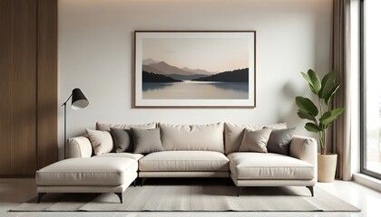 Poster - A modern living room with a sectional sofa, a floor lamp, and a framed print of a lake and mountains.