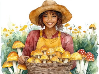 watercolor illustration of an african american woman joyfully gathering a basket filled with colorful mushrooms, celebrating the beauty of nature's bounty