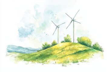 A serene landscape featuring two wind turbines on a grassy hill, surrounded by trees and a cloudy sky, illustrating renewable energy in nature.