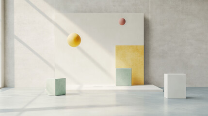 Fototapete - modern interior scene featuring geometric shapes, including floating spheres and cubes in soft pastel colors. minimalist design creates serene and artistic atmosphere