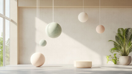 Poster - serene interior featuring geometric spheres suspended from ceiling, creating modern and minimalist atmosphere. soft colors and natural light enhance tranquil environment