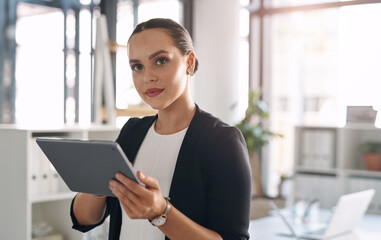 Poster - Company, woman and portrait with tablet in office for investment, update and online economy news. Financial, business and investor with technology for portfolio review, information and budget report