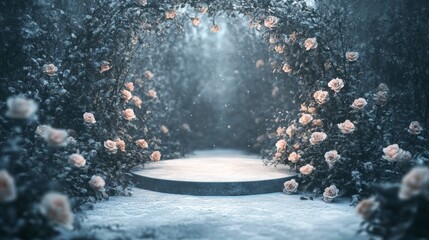 Leinwandbilder - Delicate roses frame a tranquil garden path, leading to a circular platform. Snowflakes gently fall, creating a serene, enchanting atmosphere in this beautiful winter landscape.