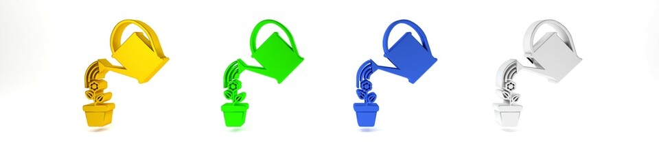 Wall Mural - Colorful Watering can sprays water drops above flower in pot icon isolated on white background. Irrigation symbol. Minimalism concept. 3D render illustration