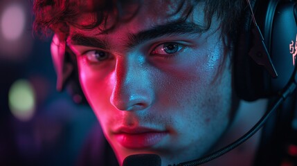 Aufkleber - A young gamer intensely concentrates on his screen, wearing headphones, surrounded by colorful lights typical of an esports setting during nighttime.