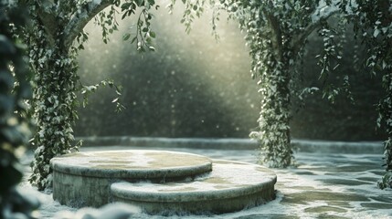 Aufkleber - A peaceful winter garden features stone steps surrounded by lush greenery and snow. Soft sunlight filters through the branches, creating an enchanting atmosphere at dusk.