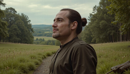 Thoughtful man with a bun looking at nature in a serene landscape