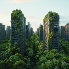 Overgrown megacity, nature reclaiming urban sprawl, crumbling high-tech buildings