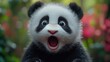 © Vesna - panda with wide expressive eyes adorably shocked set against a bright pink background the cute expression highlights its surprise creating a humorous atmosphere