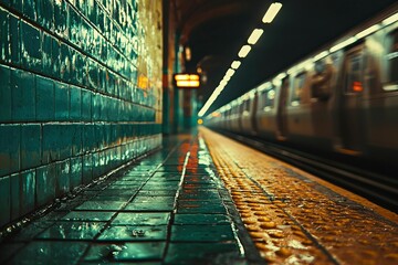 Subway Platform with Wet Tiles and Passing Train