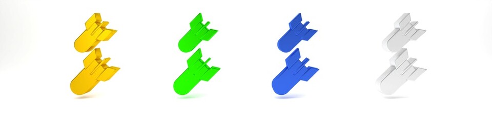 Poster - Colorful Aviation bomb icon isolated on white background. Rocket bomb flies down. Minimalism concept. 3D render illustration