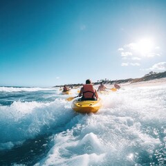 Exciting kayaking adventure on a beautiful sunny day by the ocean waves