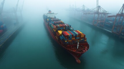 Poster - A large container ship slowly maneuvers through thick fog at a bustling port, filled with brightly colored cargo containers, surrounded by cranes.