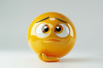 Poster - High-Quality 3D Rendering of a Thoughtful Yellow Emoji with Worried Expression and Raised Eyebrows on a Light Background