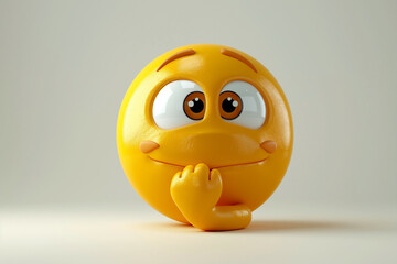 Poster - A 3D rendering of a thinking emoji characterized by a large head and expressive eyes, on a light neutral background, ideal for expressing thoughtfulness
