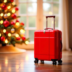 Red suitcase stands in airport during Christmas season, with festive lights in background, ready for holiday travel. 