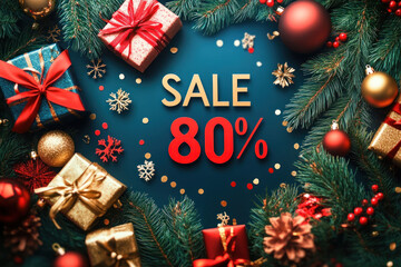 Christmas sale banner featuring a festive display of wrapped gifts and ornaments.