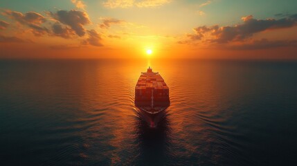 Aufkleber - A large cargo ship navigates through tranquil waters as the sun sets, illuminating the sky in vibrant hues of orange and pink, reflecting on the sea's surface.