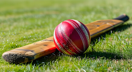 A ball and bat for Indian cricket on the background of green grass on the playing field.