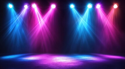Poster - A dark stage lit by bright, colorful spotlights, creating a dramatic, vibrant atmosphere for the show