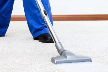 Carpet cleaner operating a steam vacuum, illustrating the effectiveness of professional home cleaning services on light-colored carpets