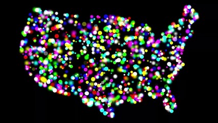 Wall Mural - Beautiful illustration of USA map with colorful bokeh lights on plain black background