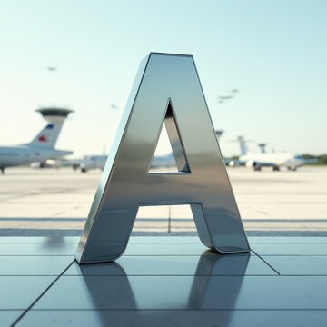 A 3D gold letter A sign with a triangular shape displayed at an airport terminal gate near a plane