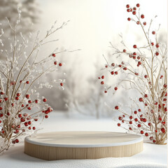 Snowy Winter Product Backdrop with Round Stand and Red Berries