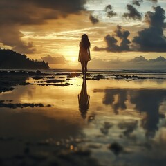 Silhouette of a person standing on a reflective beach at sunset, capturing the beauty of the sky and ocean together.