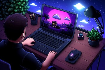 Poster - Pixel art version of a home office, with a tiny character typing on a pixelated laptop