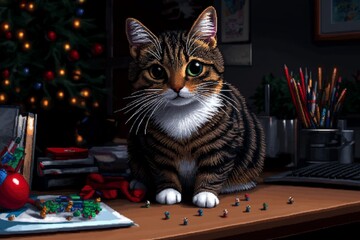 Poster - Pixelated cat sitting on a desk, knocking over tiny pixel art objects
