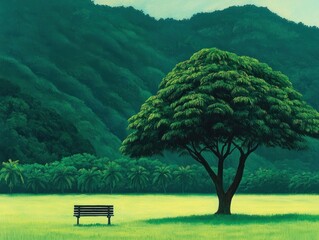 Serene landscape with lush green tree and empty bench amidst tranquil nature scene